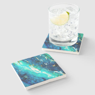 Posavasos De Piedra Azul Verde de tinta de alcohol Mármol arte moderno
