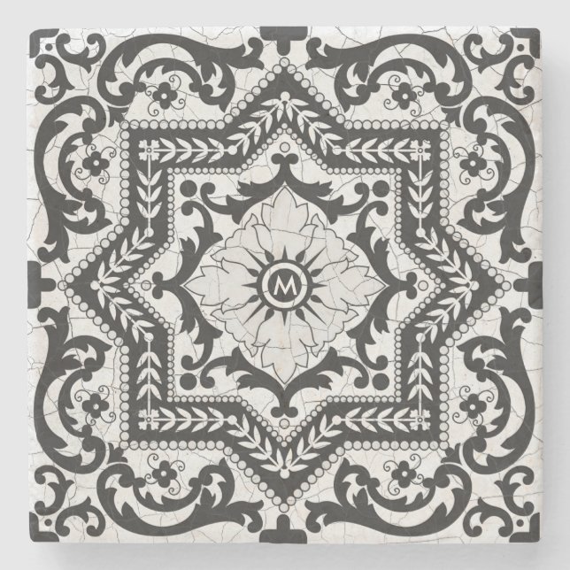 Posavasos De Piedra Azulejo de estilo cerámico negro y blanco roto (Anverso)