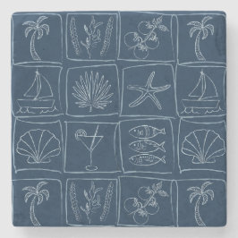 Posavasos De Piedra Azulejo Falso Mediterráneo Dibujado a Mano Náutico