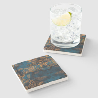 Posavasos De Piedra Azulejo Geométrico Boho Antiguo Teal y Dorado