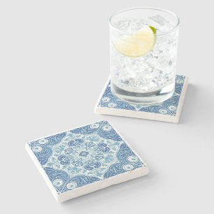 Posavasos De Piedra Azulejo intrincado azul y blanco con motivo floral