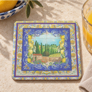 Posavasos De Piedra Azulejo Italiano de Verano Citrus en Azul Mayólica