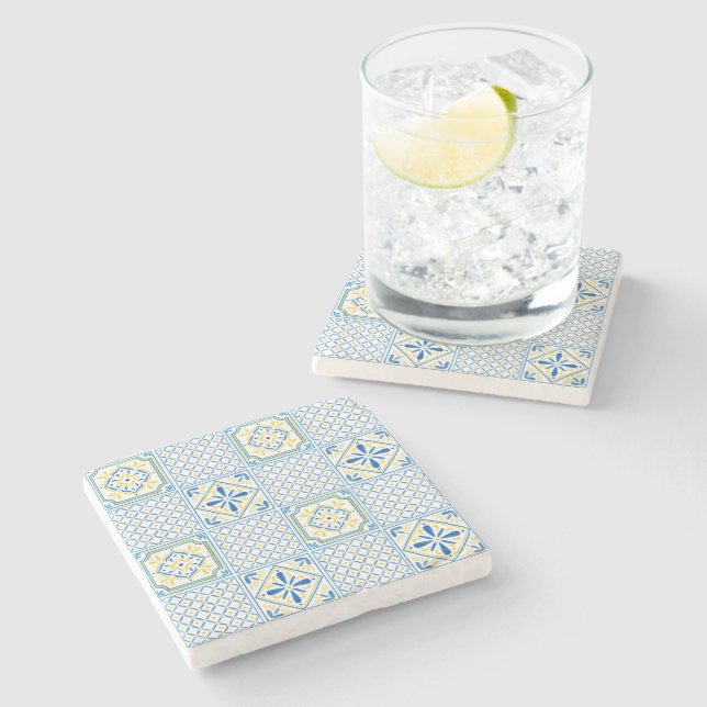 Posavasos De Piedra Azulejo italiano mediterráneo azul y amarillo (Lateral)