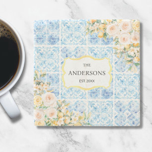 Posavasos De Piedra Azulejos Azules Mediterráneos Flor Limón Nombre de