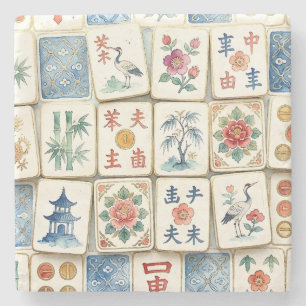 Posavasos De Piedra Azulejos de Chinoiserie Mahjong Flores Acuarela Pá