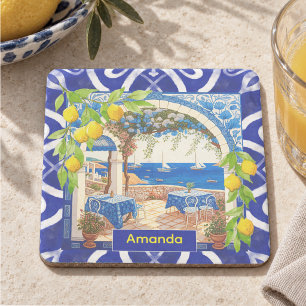 Posavasos De Piedra azulejos de cítrico azul mayólica mediterránea sic