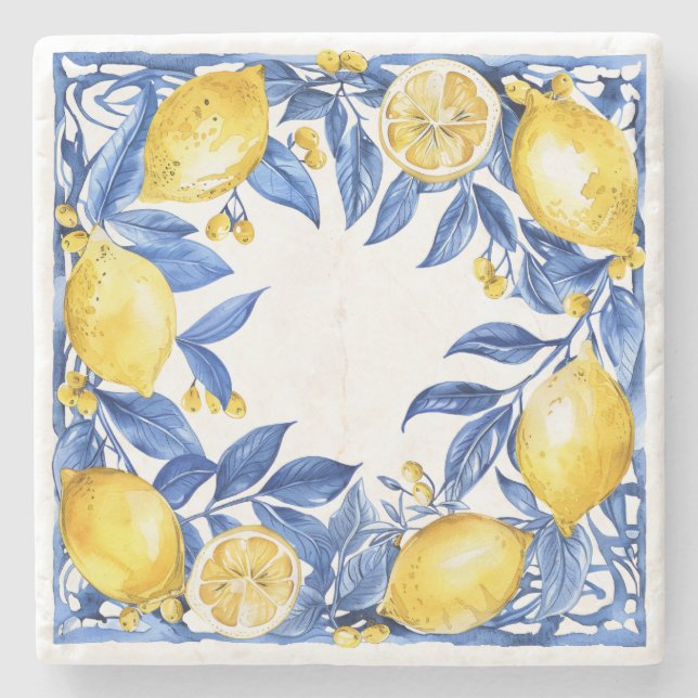 Posavasos De Piedra Azulejos de Limón Siciliano Patrón Mediterráneo Do (Anverso)
