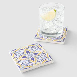 Posavasos De Piedra Azure Elegance  Blue and Gold Floral Mosaic
