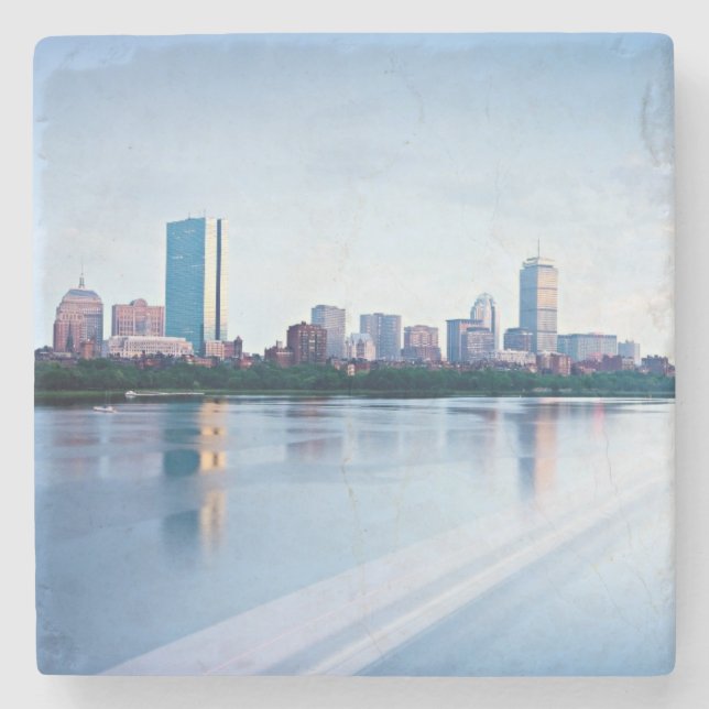 Posavasos De Piedra Bahía trasera de Boston a través del río Charles (Anverso)