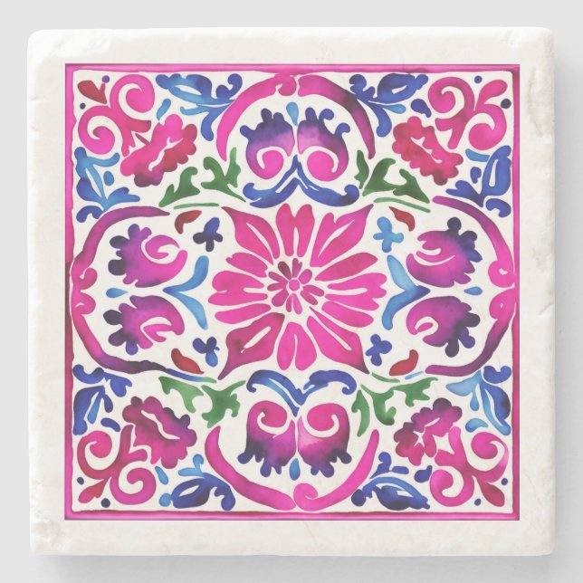 Posavasos De Piedra Baldosas azules rosadas de Talavera mexicana (Anverso)