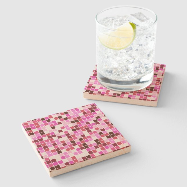 Posavasos De Piedra Baldosas de piscina, mosaicos rosados, patrón geom (Lateral)