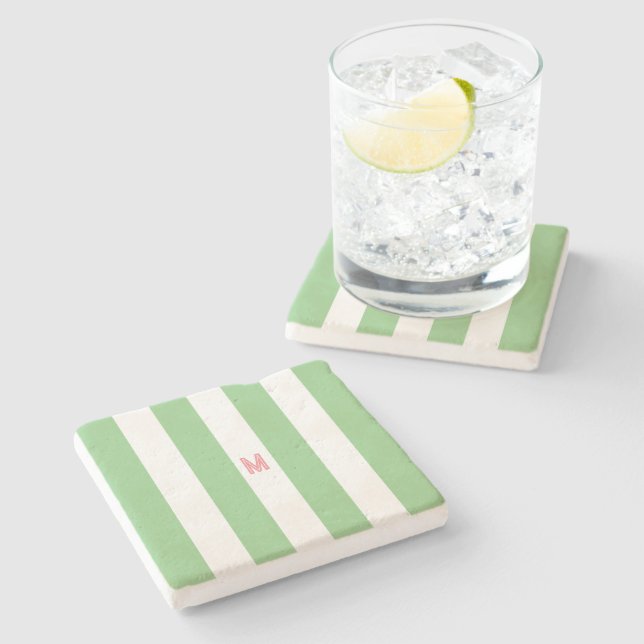 Posavasos De Piedra Banda verde de cabana y monograma rosa personaliza (Lateral)