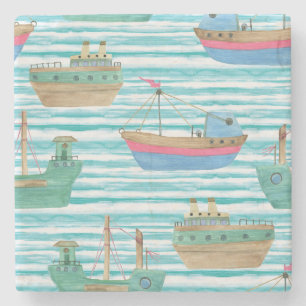 Posavasos De Piedra Bandas De Barco: Patrón De Pintura De Acuarela.