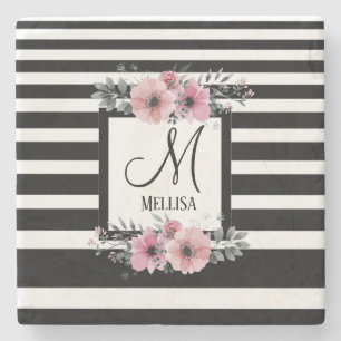 Posavasos De Piedra Bandas negras y blancas monograma floral rosa