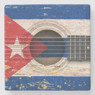 Posavasos De Piedra Bandera cubana en la guitarra acústica vieja