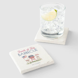 Posavasos De Piedra Bandera de barbacoa acuarela 4 de julio Fiesta de