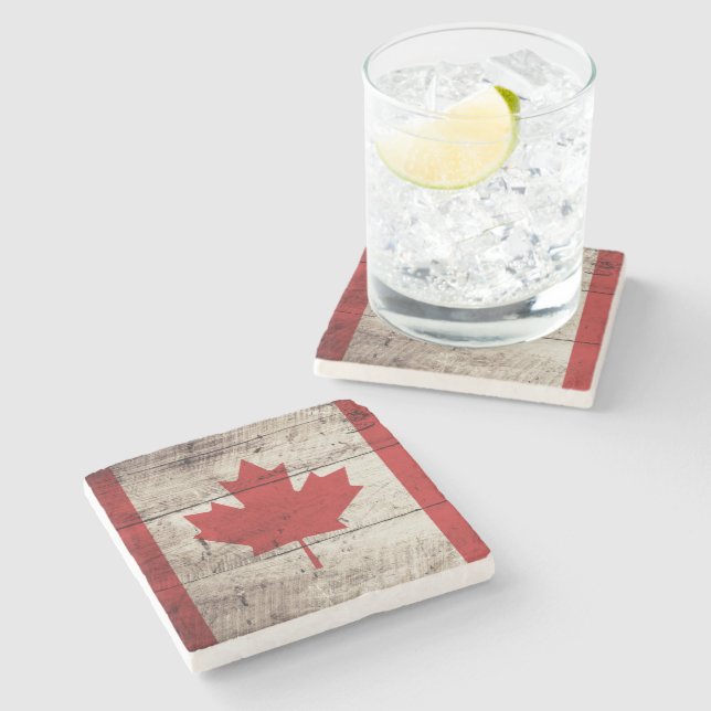 Posavasos De Piedra Bandera de Canadá en grano de madera viejo (Lateral)