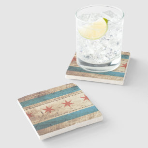 Posavasos De Piedra Bandera de Chicago en grano de madera viejo