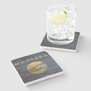 Posavasos De Piedra Bandera estatal de Montana en grano de madera viej