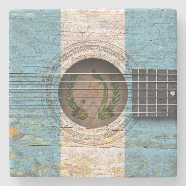 Posavasos De Piedra Bandera guatemalteca en la guitarra acústica vieja (Anverso)