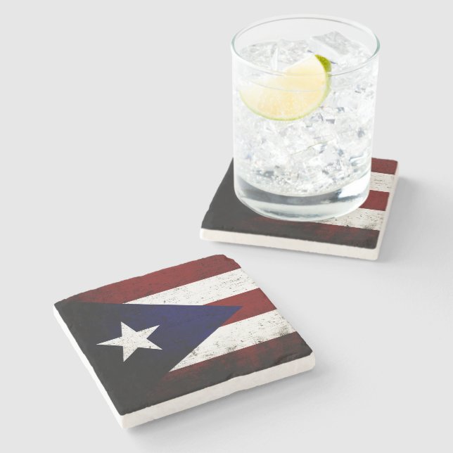 Posavasos De Piedra Bandera negra de Puerto Rico del Grunge (Lateral)