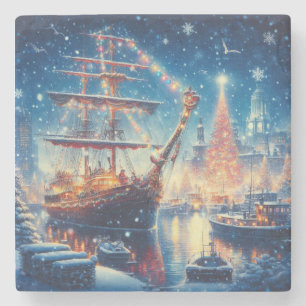 Posavasos De Piedra barco atracado en Navidad/Invierno