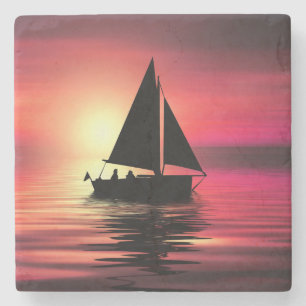 Posavasos De Piedra Barco de vela al atardecer en el mar Diseño de art