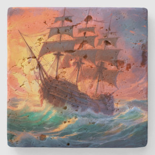 Posavasos De Piedra Barco de Vela en un Mar Tempestuoso