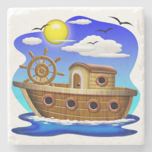 Posavasos De Piedra Barco Pesquero Dibujo Animado 