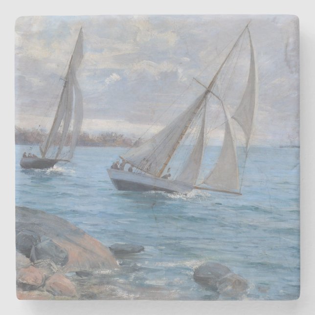 Posavasos De Piedra Barcos de vela en el río (Anverso)