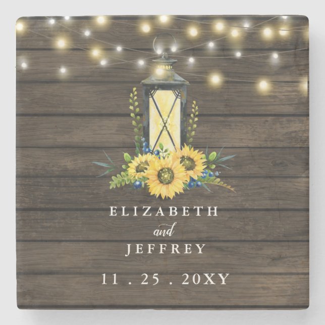 Posavasos De Piedra Barn Wood String ilumina Sunflowers Boda Square (Anverso)