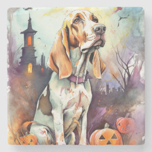 Posavasos De Piedra Basset Hound de Halloween con calabazas espeluznan