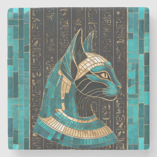Posavasos De Piedra Bastet de diosa gata egipcia -arte mosaico (Anverso)