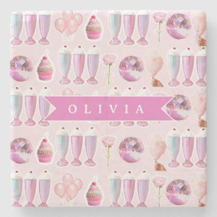 Posavasos De Piedra Batido Retro Rosa Personalizado Monada Adorable