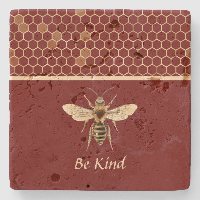 Posavasos De Piedra Be Kind Bee and Honeycomb sobre Borgoña (Anverso)