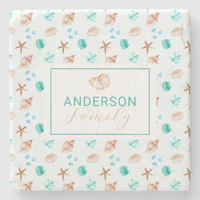Posavasos De Piedra Beach Coastal Seashells Family Name Custom (Anverso)