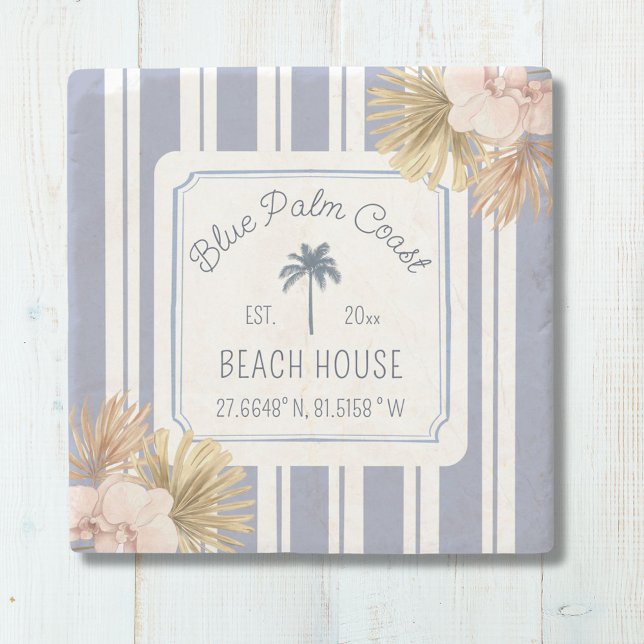 Posavasos De Piedra Beach House Blue Stripes Coastal Boho Farmhouse (In situ)