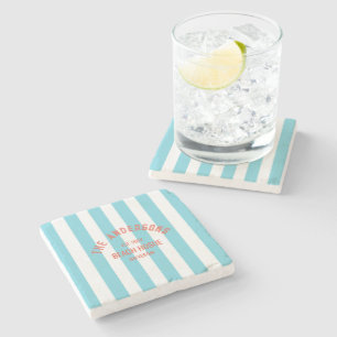 Posavasos De Piedra Beach House Custom Name Blue Cabana Stripe