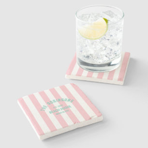 Posavasos De Piedra Beach House Custom Name Pink Cabana Stripe
