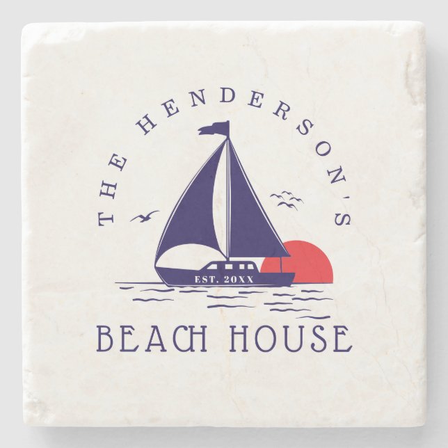 Posavasos De Piedra Beach House Nautical boat Sunset navy blue (Anverso)