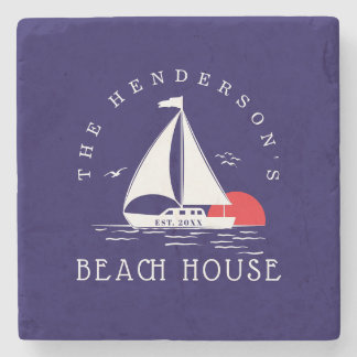 Posavasos De Piedra Beach House Nautical boat Sunset navy blue
