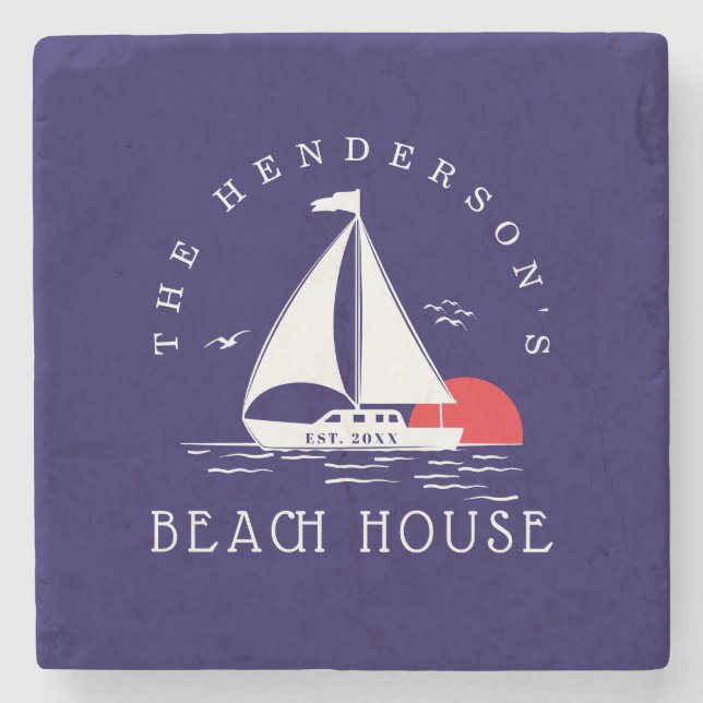 Posavasos De Piedra Beach House Nautical boat Sunset navy blue (Anverso)
