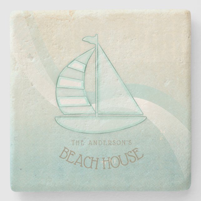 Posavasos De Piedra Beach House Nautical Sailboat Aqua Blue ID623 (Anverso)