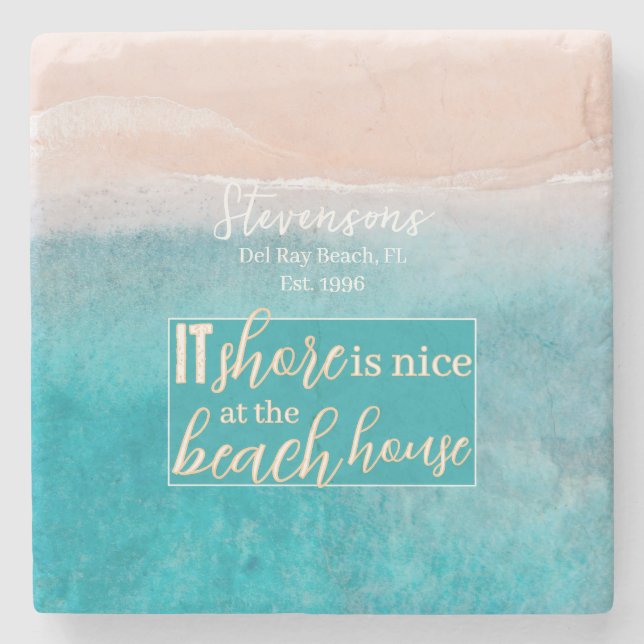 Posavasos De Piedra Beach House Pun Elegant Script Personalizado Nombr (Anverso)