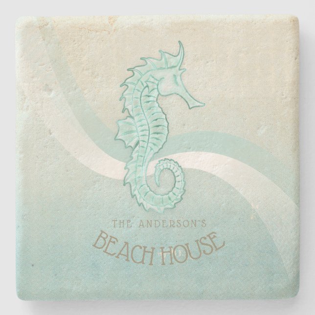 Posavasos De Piedra Beach House Seahorse Aqua Blue ID623 (Anverso)