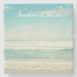Posavasos De Piedra Beach Ocean Waves Gold Confetti    