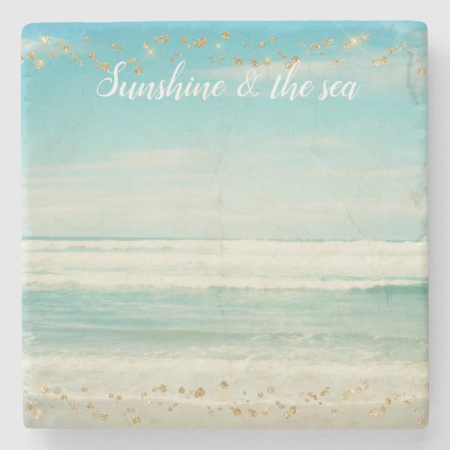 Posavasos De Piedra Beach Ocean Waves Gold Confetti     (Anverso)