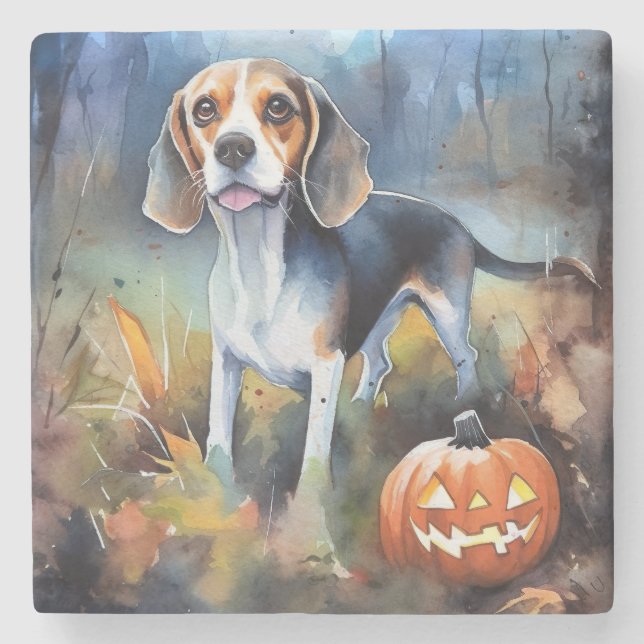 Posavasos De Piedra Beagle de Halloween con calabazas aterradoras (Anverso)