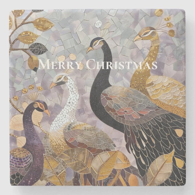 Posavasos De Piedra Beautiful Gold White Peacocks Christmas (Anverso)