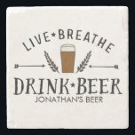 Posavasos De Piedra Beer Love Hipster Live Breathe Beer Personalizado<br><div class="desc">Si te gusta la cerveza, ¡esta montaña de mármol de calidad es para ti! Presenta un diseño de estilo logo con el texto "Live Breathe Beer" y un ilustracion dibujado a mano de un vaso de cerveza y flechas que se centran entre lúpulos. Agregue su propio nombre o línea de...</div>